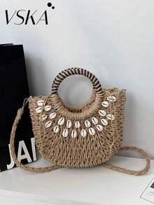 Woven Shell Beach Bag | Detachable Shoulder Strap . Vacation Beach Bag . Multifunctional Fashion Women Handbag] Contrast Color Handle: Black And White Striped Wrapped Round Handle, Retro Eye-Catching, Comfortable Grip, Instantly Become The Focus When Traveling - Multicolor - View 1