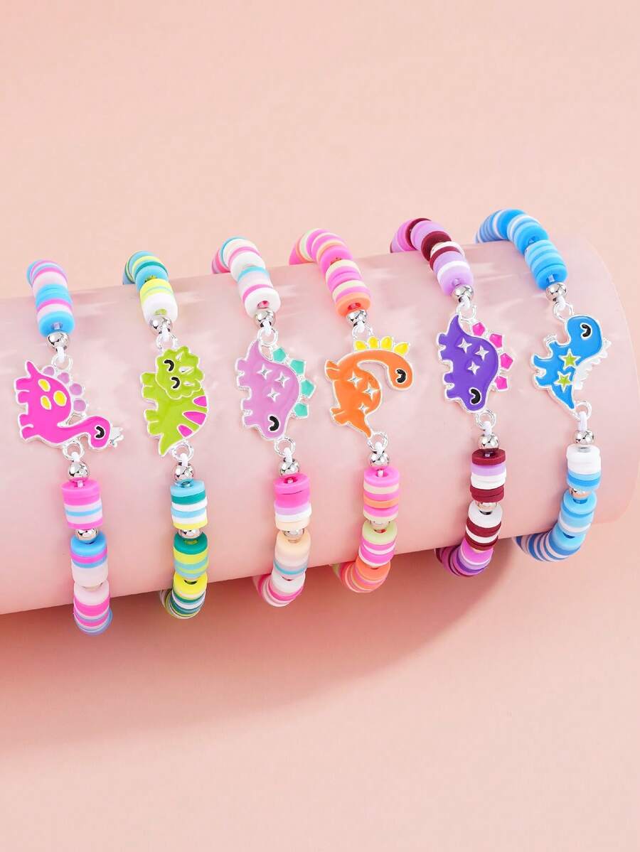 Bộ 6 mặt dây chuyền hình khủng long hoạt hình mạ bạc bằng hợp kim kẽm, vòng tay co giãn đính hạt đất sét mềm, trang sức đeo hàng ngày, quà tặng cho bé gái. - Nhiều màu - Xem 1