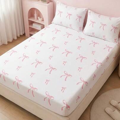 1件粉色蝴蝶结床笠，床上用品，柔软舒适亲肤床垫保护套，床上用品套装，家居装饰，适用于双人床、标准双人床、加大双人床、特大双人床，床上用品礼品，可机洗