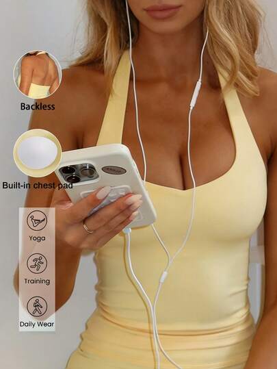 GAOVOT 女士夏季黄色简约性感修身V领露背运动上衣，适合普拉提、瑜伽、骑行、跑步、健身运动、日常穿着及居家穿着。