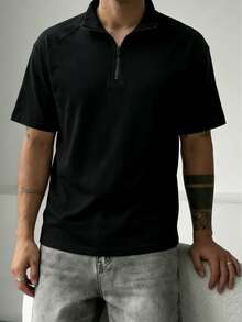 GRDR Men's Minimalist Solid Color Zip-Up Collar Short Sleeve - Fashionable Versatile T-Shirt - Black - View 2