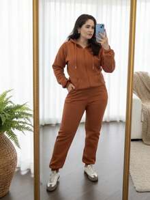Women's Winter Tracksuit Set: Jacket With Zipper And Hood, Casual Jogger Pants. Comfortable, Warm, And Stylish. Sporty Look, Gym, Travel, Everyday Wear. - 駝色 - 查看 6