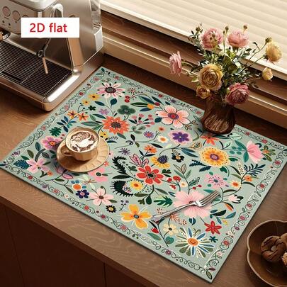 1pc Vintage Floral Pattern Absorbent Drying Mat, Suitable For Dining Table And Cafe, Multipurpose Drainage Pad, Home Gift, Tabletop Decor