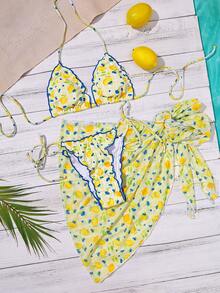 3pcs Women Bikini Swimwear Set, Yellow Plaid Lemon Pattern Fashionable Beachwear Including Cute Mini Skirt, Suitable For Outings, Fitness, Spring Break, Y2K Style, Street, Vacation, Music Festivals, Pool Parties, Carnivals Summer - Lemon Yellow - View 6