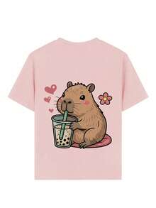 女童休闲印花圆领短袖T恤，夏季上衣 - 粉色 - 查看 7