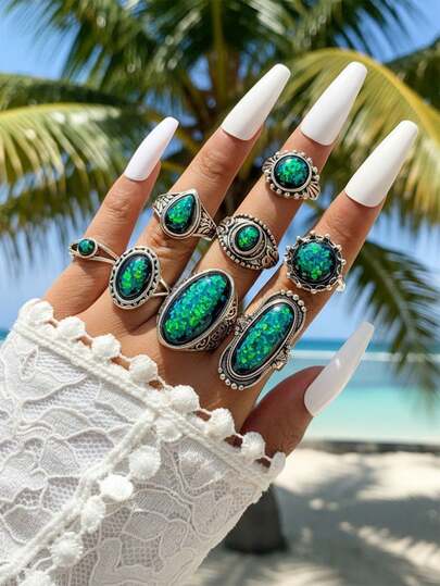 8件套时尚金属朋克几何树脂绿松石戒指套装，适合女性日常佩戴或作为斋月派对的珠宝礼物