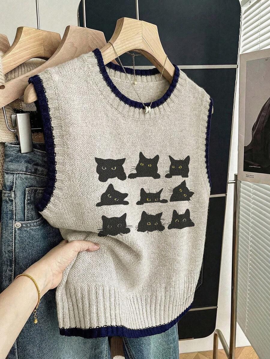 秋冬新款圆领无袖女式背心,黑色猫咪格子图案印花,撞色羊毛针织滚边卡其色背心,休闲学院风宽松针织上衣,适合日常穿着、毕业典礼等场合。 - 卡其色 - 查看 1