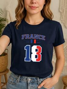 Camiseta para mujer hecha de 100% algodón, con cuello redondo y manga corta, con estampado de países favoritos del mundial de futbol soccer 2026, Francia - Azul Marino - Ver 2