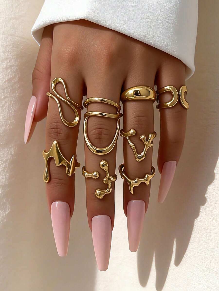 8pcs Vintage Geometric Round Open Ring Set, Asymmetrical Liquid Ring Suit, Suitable For Women's Holiday Party And Daily Wear Charm Jewelry Set - Yellow Gold - View 1