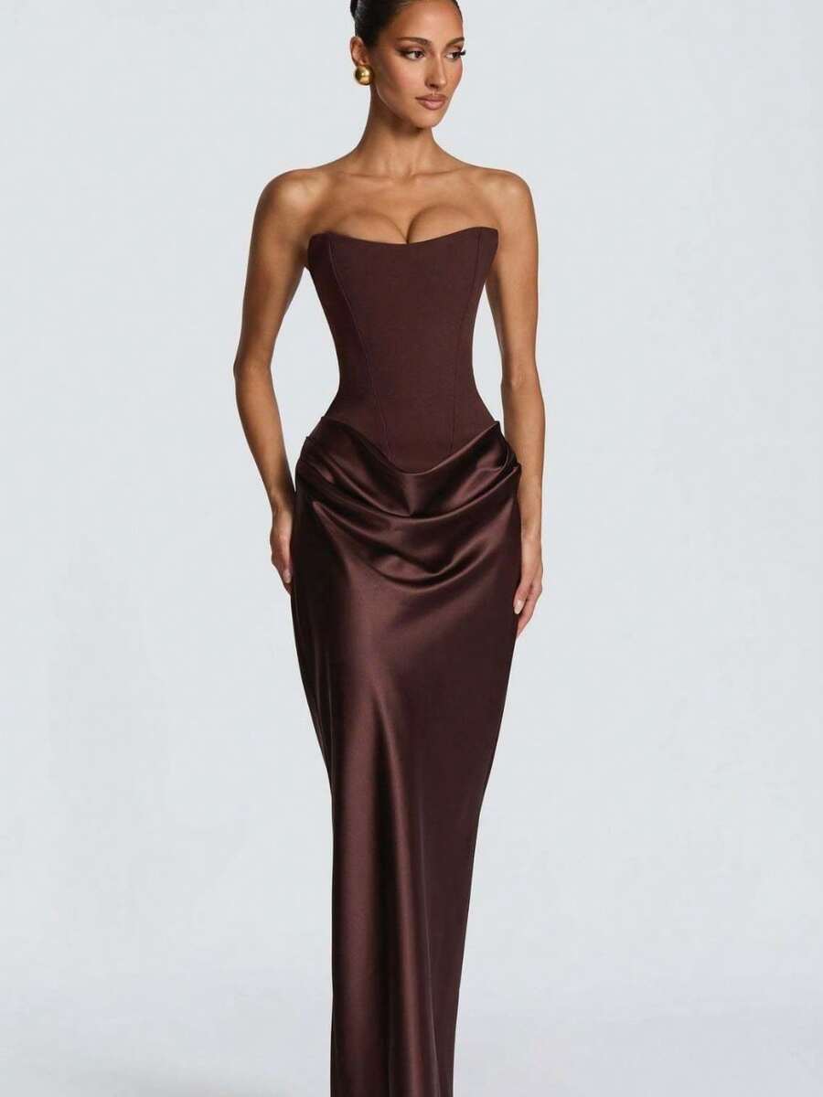 Imperial Style Fashion Temperament Elegant Women's Clothing Spicy Fish Bone Strapless Dress Waist Pleated Sexy Ribbon Satin Bread Buttocks Skirt - màu nâu - Xem 1
