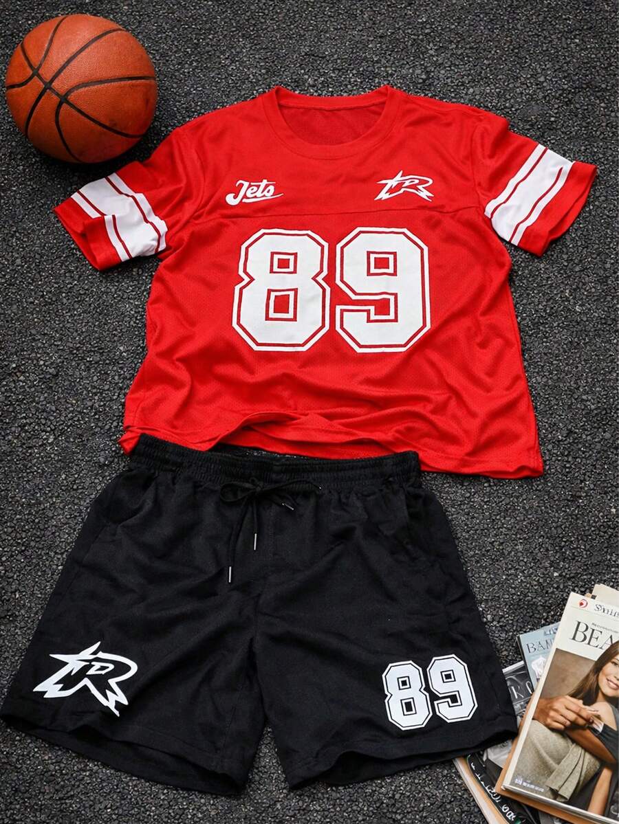 Conjunto de camiseta de manga corta y pantalón corto casual de verano para hombre - Rojo - Ver 1