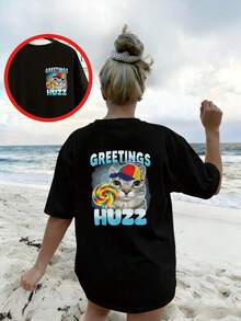 T-shirt unisexe d'été en coton 100% respirant et confortable, impression recto-verso noire "chat Lollipop Greetings Y2K Streetwear", cadeau parfait, tailles S-3XL - Noir - Voir 5