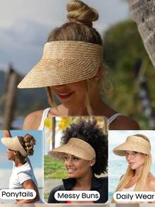 Perfect For Summer Beach Vacation! Raffia Straw Wide Brim Hat, Adjustable Headband Design, Breathable UV Protection, Chic Vibe - Random Color - View 7