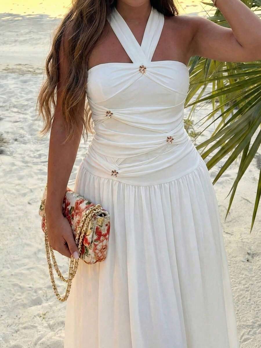 Plus Size Spring/Summer Halter Neck Ruffle Mesh Metal Buckle A-Line Solid Color Elegant Party Beach Vacation Dress For Women White - White - View 1