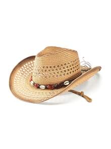 1 件棕色镂空草编太阳帽，男女通用牛仔帽，适合户外休闲、海滩、度假 - 西部牛仔草編禮帽 - 查看 27