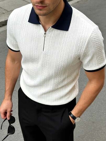 Men's Summer Jacquard Textured Contrast Collar Half-Zip Polo Shirt, Suitable For Daily Commute, Travel, Vacation And Outdoor Occasions, Casual Minimalist Style, Urban Mature Style, British Gentleman Style