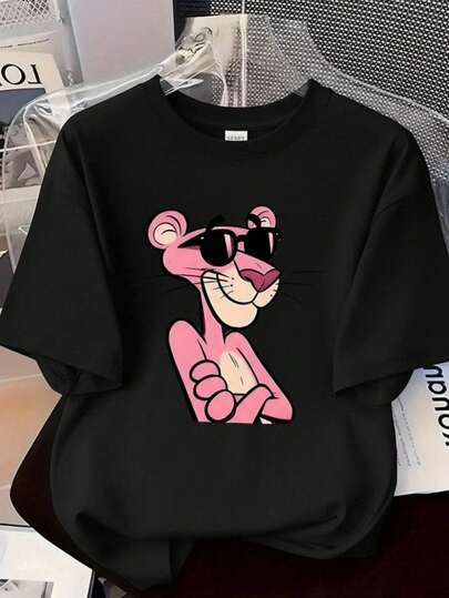 Camiseta casual para mujeres con diseño de leopardo rosa, tejido suave, corte holgado, cuello redondo y mangas cortas. Ideal para la primavera y el verano, combinación diaria, estilo sweatshirt, versátil y moderno.