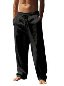 Men's Breathable Linen Loose Casual Sports Pants, Suitable Beach, Spring/Summer - 黑色 - 查看 3