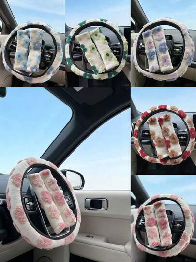 3 piezas Funda de volante de coche y protector de cinturón de con diseño floral lindo, elástica y de felpa, ajuste universal de 38CM/14.96in de diámetro