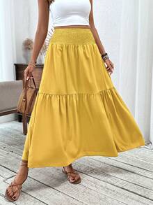 Women's Long Floral Casual Elastic Waist Pocket Ruffle Hem A-Line Maxi Skirt Spring - Pure Yellow - View 3