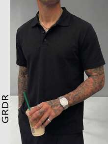 GRDR 1pc Men's Casual Versatile Solid Color Short Sleeve Polo Shirt - Black - View 6