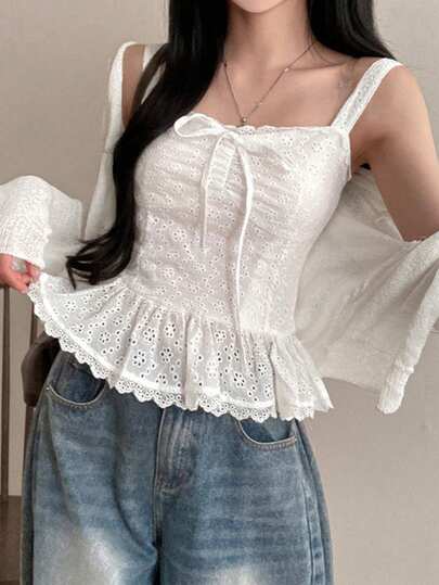 Áo không tay nữ thiết kế nơ phía trước, họa tiết hoa, màu trơn, dây mảnh, xuân/hè