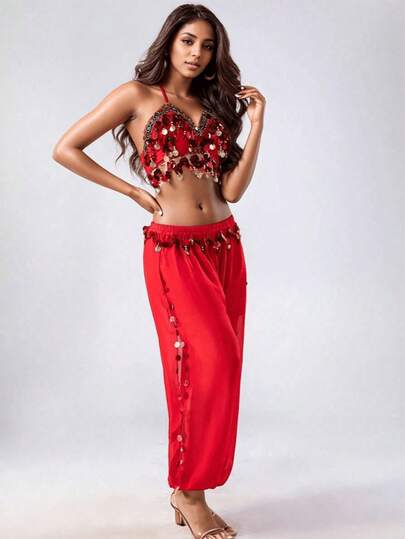 2pcs Women's Belly Dance Outfit, Shiny Fringe Sequin Bra Top + Harem Pants, Belly Dance Performance & Training Costume Set
