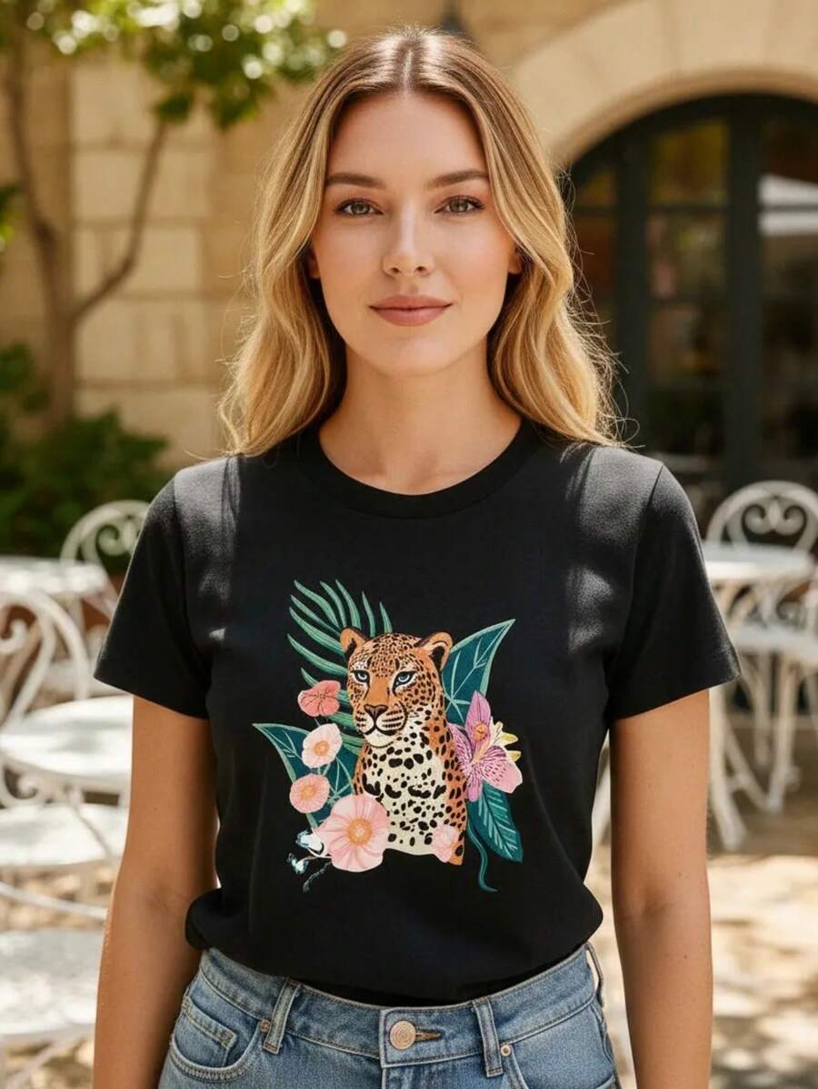 T-shirt Camiseta Estampada Feminina Onca Pintada Com Flores  Camisa 100% Algodão Frete Grátis Rápido - Preto - Visão 1