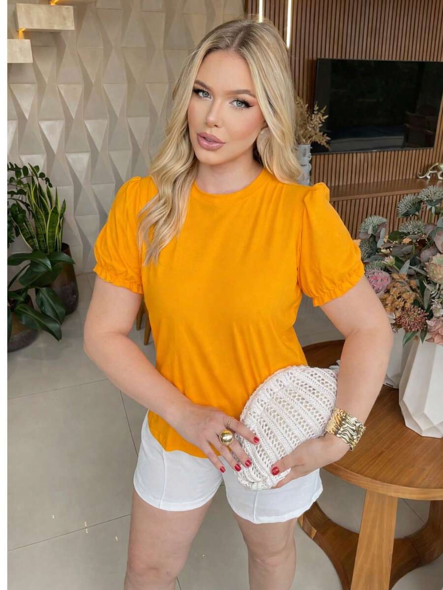 Plus Size Modern Women's Blouse With Puff Sleeve - Amarillo - Ver 1