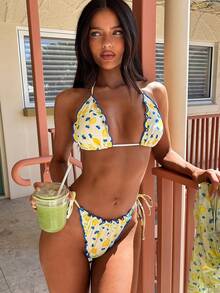3pcs Women Bikini Swimwear Set, Yellow Plaid Lemon Pattern Fashionable Beachwear Including Cute Mini Skirt, Suitable For Outings, Fitness, Spring Break, Y2K Style, Street, Vacation, Music Festivals, Pool Parties, Carnivals Summer - Lemon Yellow - View 5