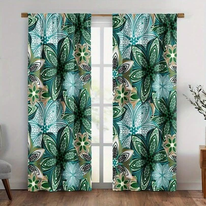 两件套，多色，曼陀罗花卉印花，波西米亚风格，平纹印花窗帘，100% 涤纶面料，杆袋式平纹印花两片窗帘，无衬里，90克/平方米，宽180厘米，适用于卧室、客厅、餐厅、浴室、户外等场所。