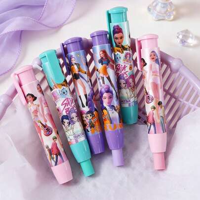Set de gomas de borrar elásticas con diseños de personajes de miembros de grupos femeninos de K-POP. Incluye varios diseños vibrantes de arte de personajes. Proporciona un efecto de limpieza suave. El mecanismo elástico evita el desorden. Disponible en morado, rosa y verde menta de moda, adecuado para artículos de papelería escolar/oficina, diarios y cuadernos, mercancía coleccionable de K-POP, un regalo ideal para fans de grupos femeninos de K-POP y amantes de la papelería.