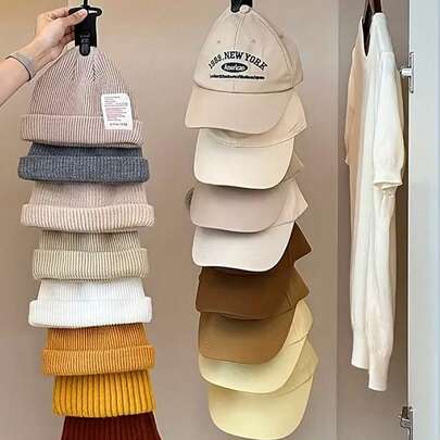 1 Set 8 Clip Baseball Cap Organizer - Grey And Black Wall Mount/Closet Hanging Cap Holder, Holds 8 Hats, Durable High-Quality Clamp Cap Storage Solution, Wardrobe Accessory And Practical Decor For Cap Collectors And Fashion Enthusiasts