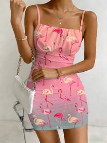 Pink-Cyan Gradient Flamingo Print Women's Spaghetti Strap Mini Dress, Polyester Fabric, Lightweight And Breathable, For Sports & Outdoor, Women's Skirt, Fashion Skirt, Women's Fashion Skirt, Women's Fashion Item - Nhiều màu - Xem 2