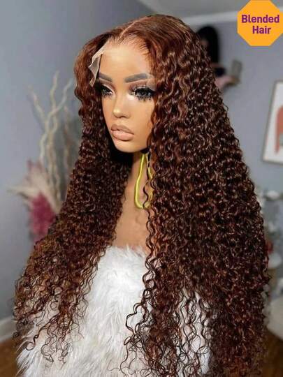 26 Inch Curly Chocolate Brown 13x4 13x6 Lace Front Wig 180% Density 4x4 5x5 Pre CutHD Glueless Lace Closure Wigs Put On And Go Pre-Plucked Natural Look Heat Short Bob Curly Hair Resistant Synthetic Mixed With Human Blended Hair Wig With Baby Hair Around 14inch-34inch Brown Colored 4# Deep Curly Texture Pre-Cut Lace Is Available For 4*4 5*5
