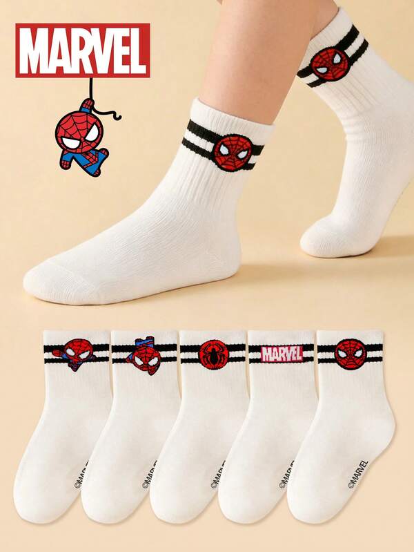 Marvel 1/5/10 Đôi tất trẻ em kẻ sọc trắng, tất dài đến bắp chân dễ thương cho mùa thu/đông, tất cho bé trai, tất mắt cá chân cho bé gái, tất ngắn thoáng khí kiểu hoạt hình Hàn Quốc mùa hè hình siêu anh hùng.