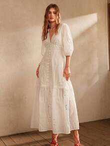 Z-White V-Neck Split Hem Floral Lace Dress2026 - 白色 - 查看 1