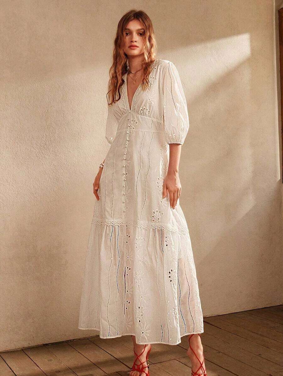 Z-White V-Neck Split Hem Floral Lace Dress2026 - 白色 - 查看 1