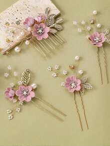 Set da 4 accessori per capelli da donna, pettine per capelli in lega dorata a forma di foglia, fermaglio per capelli a fiore in tessuto, spilla per capelli con perle bianche e cristalli, decorazioni per matrimoni e spiaggia estiva - Rosa - Visualizzare 2