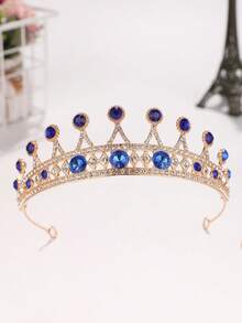1pc European And American Bridal Bridesmaid Crown Headpiece, Alloy Rhinestone Hair Accessory For Evening Gown, Princess Style Hair Decoration - Royal Blue - View 7