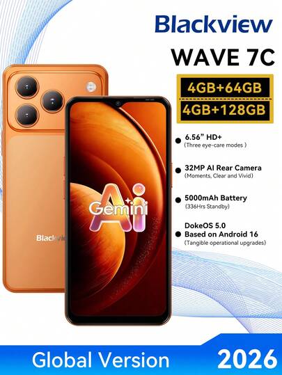 Blackview WAVE 7C 无锁智能手机，Android 16 系统，5000mAh 电池，13MP+32MP 侧边快捷键，八核处理器（4+8 核扩展），GB+64GB/128GB/1TB SD 存储，6.56 英寸高清+显示屏，3 个卡槽，4G 双卡双待手机（不含适配器）
