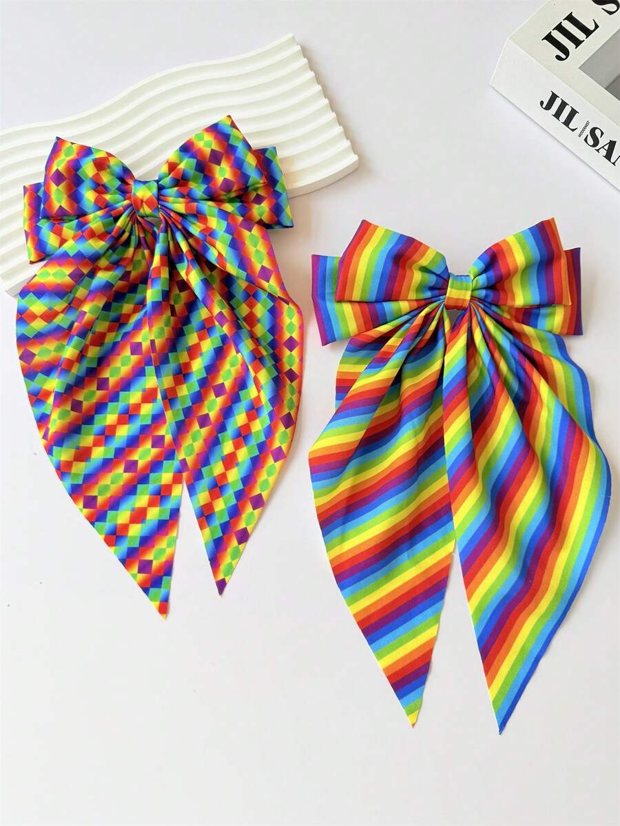 2个LGBTQ骄傲日彩虹条纹蝴蝶结发夹，适合海滩、派对、节日，甜美优雅的发饰，可搭配马尾辫或半扎发（夏季）、假日、旅行