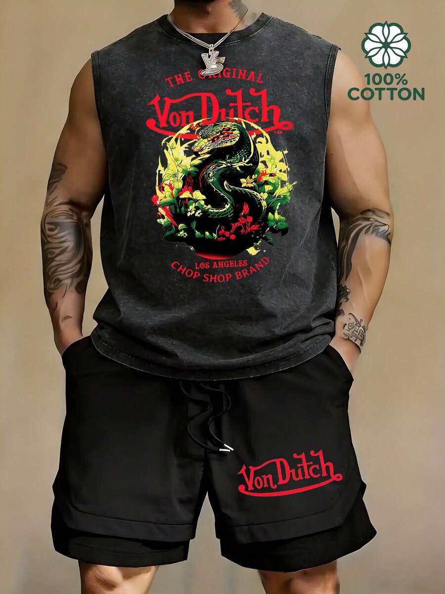 Y2K Streetwear Men's VonDutch Los Angeles Chop Shop Brand Snake Graphic Tank Top & Drawstring Layered Shorts Set - Black - View 1