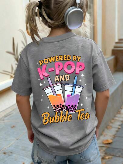 Girls' Cute Cartoon Letter & Bubble Tea Print Round Neck Short Sleeve T-Shirt, New Spring/Summer Fashion Outfit For Teenage Girls