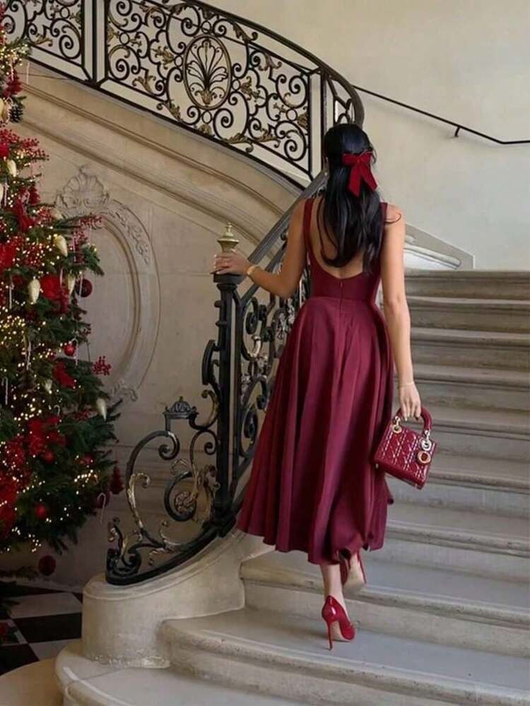 Elegant French Romantic Backless Hollow-Out Cinched Waist Sexy Charming Maxi Dress, Suitable For Christmas, Holiday Party, Date Black Summer - Màu Đỏ Sâu - Xem 9
