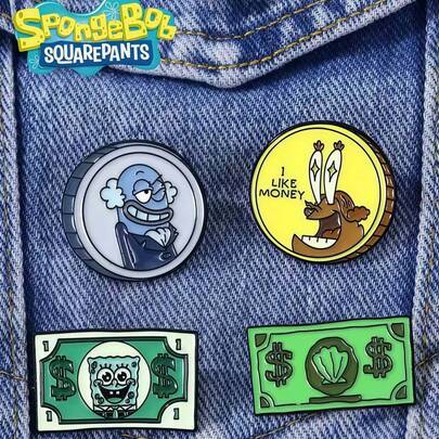 SpongeBob SquarePants 4pcs Cute SquarePants Metal Brooch, Bizarre USD Coin Creative Pin Anime Badge, Random Colors And Styles, SquarePants Big Star Snail And Crab Boss Embroidered Trademark Brooch, SquarePants Crab Boss Marine Life Shape Cartoon Decoration, Cartoon Cute Embroidered Emblem Brooch