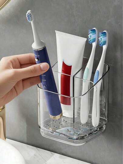 1pc Wall-Mounted Toothbrush Holder With Drip Tray, Transparent Self-Adhesive Bathroom Storage Rack For Electric Toothbrush, Toothpaste And Razor, No Drilling Required