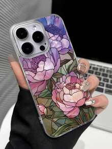 Funda de teléfono con pintura floral, nuevo agujero grande, plumas, chifón, IMD degradado, PC+TPU integrado, pintura brillante y anti-caída - Multicolor - Ver 4