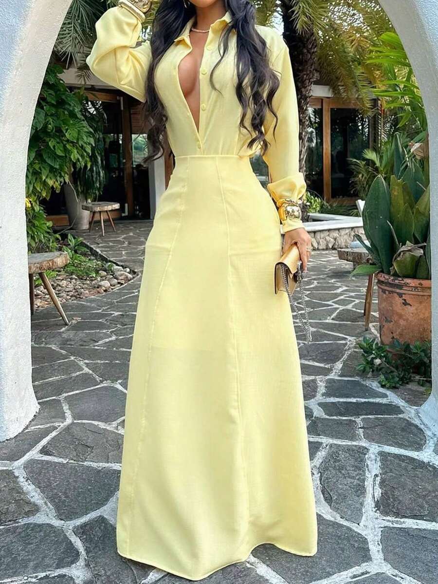 Conjunto de 2 piezas de camisa elegante casual y falda de cintura de unicolor para mujer, adecuado para citas, San Valentín, cumpleaños, cenas, ir al trabajo y otras ocasiones de primavera - Amarillo - Ver 1