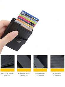 1pc, A Unisex Multi Slot Card Holder With Elastic Card Function, Buckle Anti-Theft Card Swiping Bag, Carbon Fiber Aluminum Alloy Credit Card Metal Card Bag, Wallet Suitable For Daily Use - Black - View 3